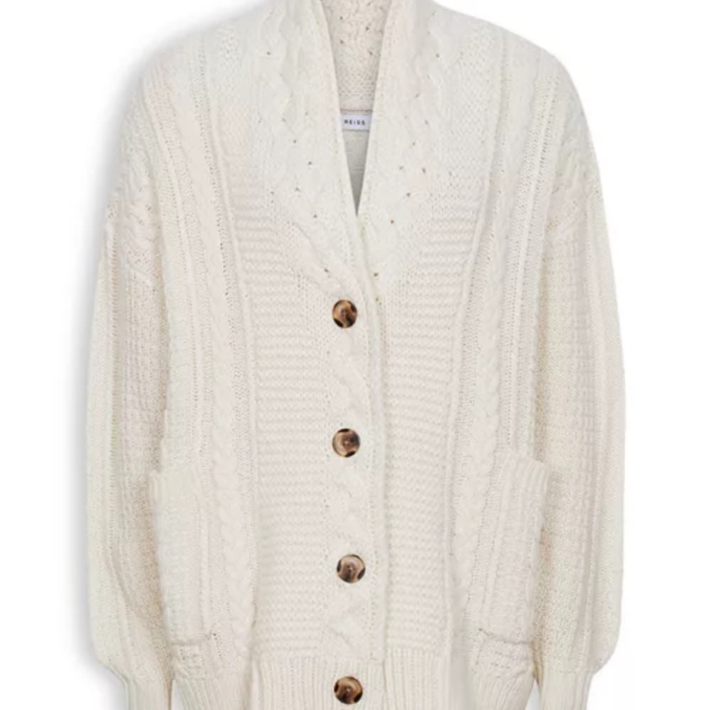 REISS Ivory Cable Knit Cardigan Sweater